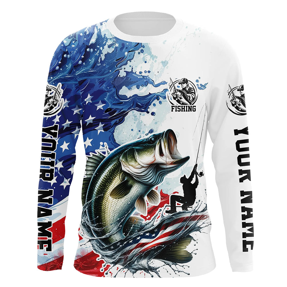 Personalized American Flag Bass Long Sleeve Fishing, Patriotic Bass Fishing