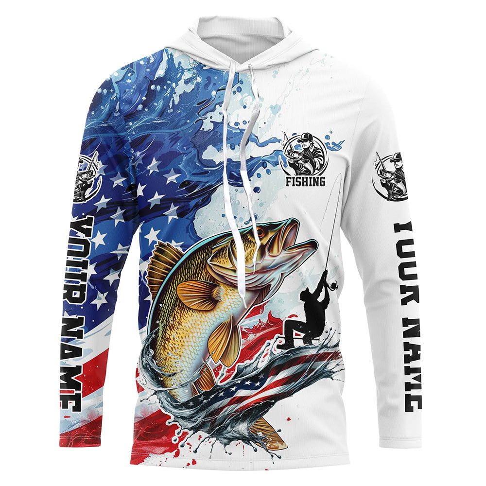 Personalized American Flag Walleye Long Sleeve Fishing, Patriotic Walleye Fishing
