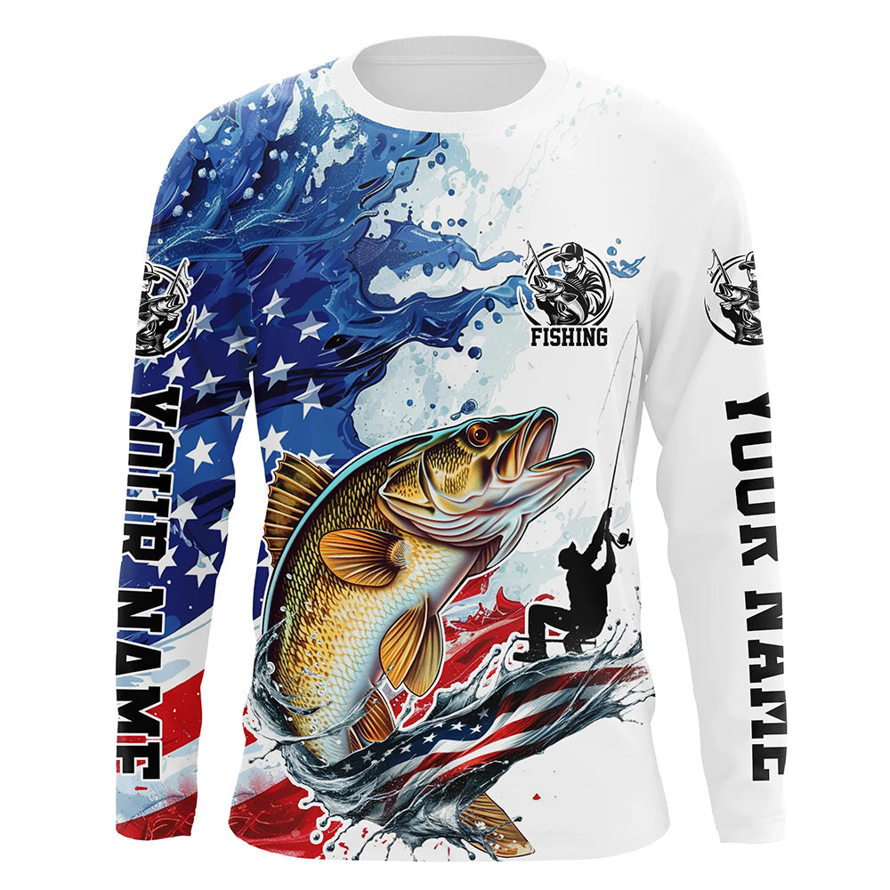 Personalized American Flag Walleye Long Sleeve Fishing, Patriotic Walleye Fishing