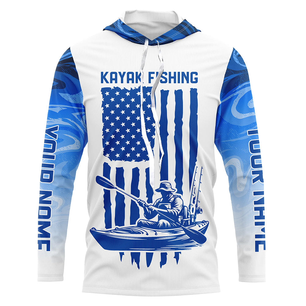 Personalized American Flag Kayak Fishing Long Sleeve Patriotic, Blue Camo Kayak Fishing