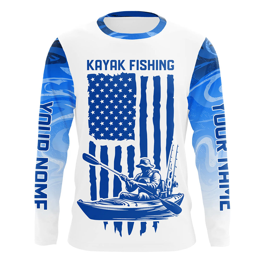Personalized American Flag Kayak Fishing Long Sleeve Patriotic, Blue Camo Kayak Fishing