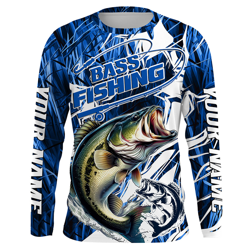 Personalized Largemouth Bass Long Sleeve Performance Fishing, Bass Fishing | Blue Camo