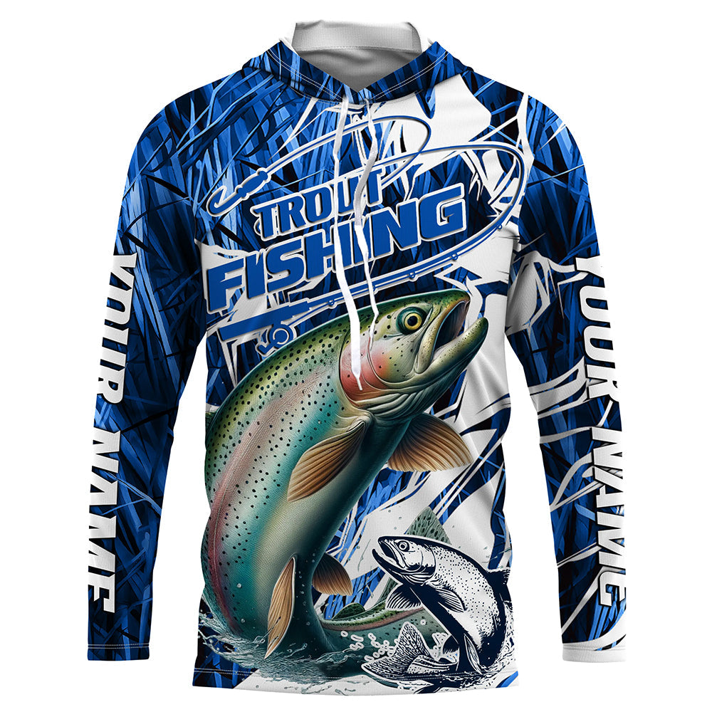 Custom Rainbow Trout Long Sleeve Performance Fishing, Trout Fly Fishing | Blue Camo