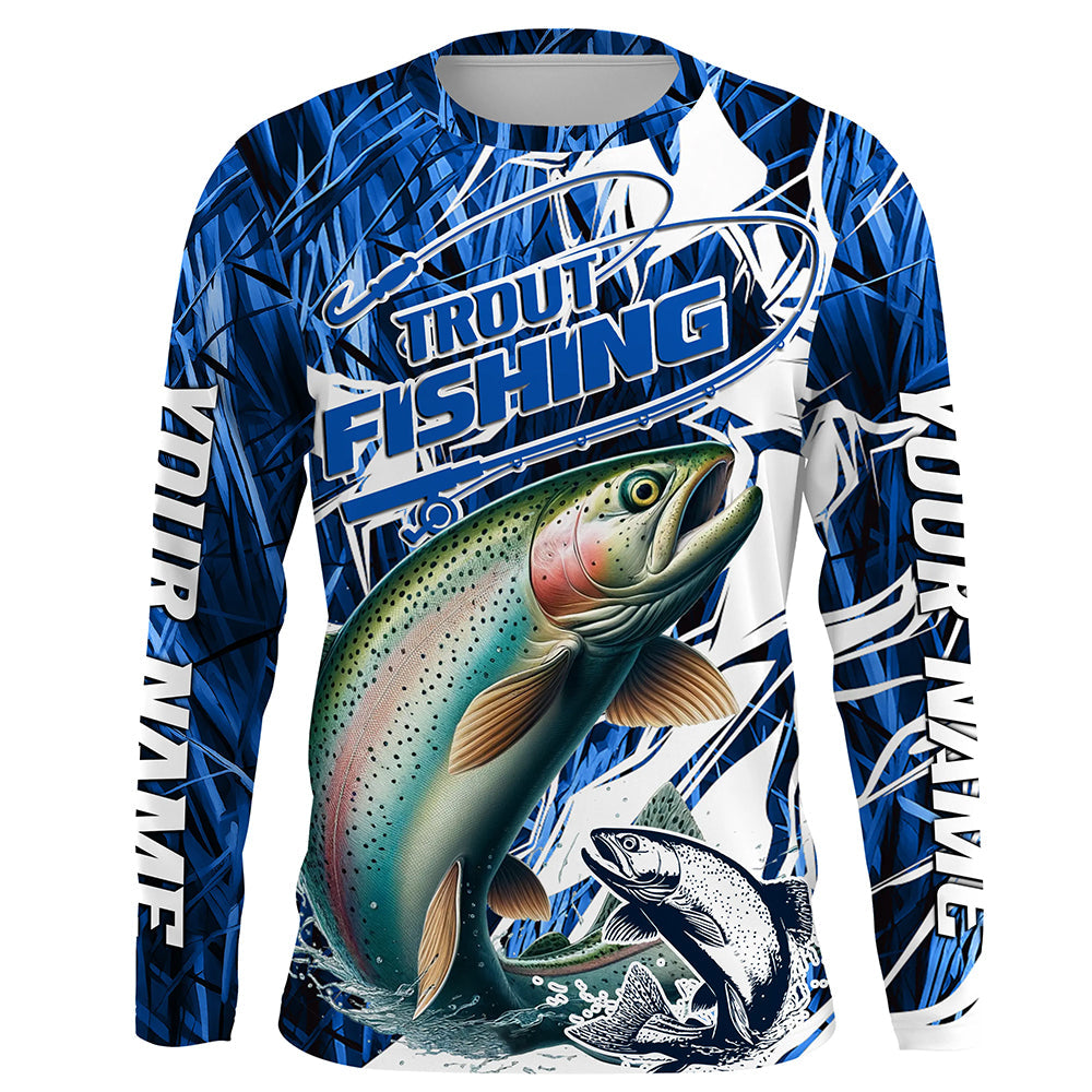 Custom Rainbow Trout Long Sleeve Performance Fishing, Trout Fly Fishing | Blue Camo