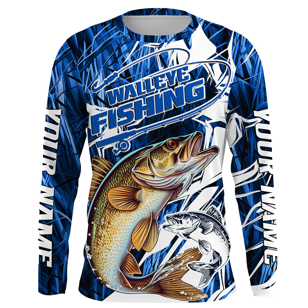 Personalized Walleye Long Sleeve Performance Fishing, Walleye Fishing | Blue Camo