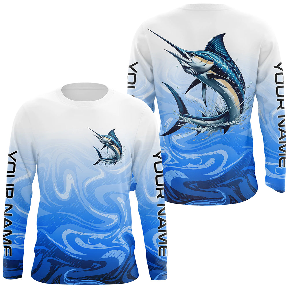 Marlin Fishing Custom Long Sleeve Performance, Marlin Saltwater Fishing Apparel | Blue Camo
