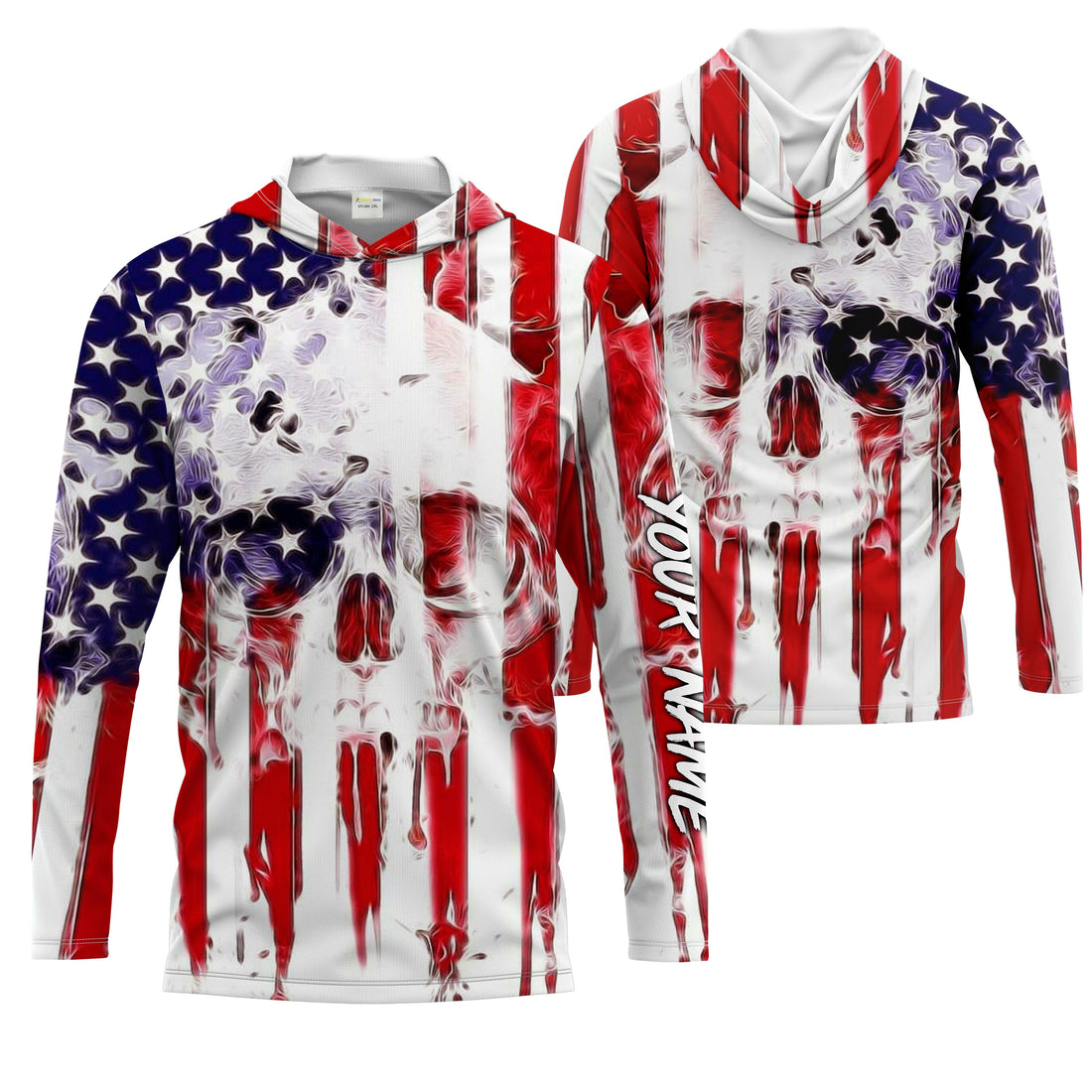 Skull American Flag Custom Long Sleeve performance, personalized Patriotic 4th of july apparel