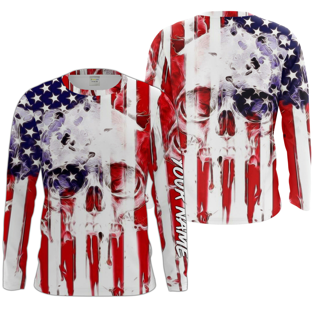 Skull American Flag Custom Long Sleeve performance, personalized Patriotic 4th of july apparel