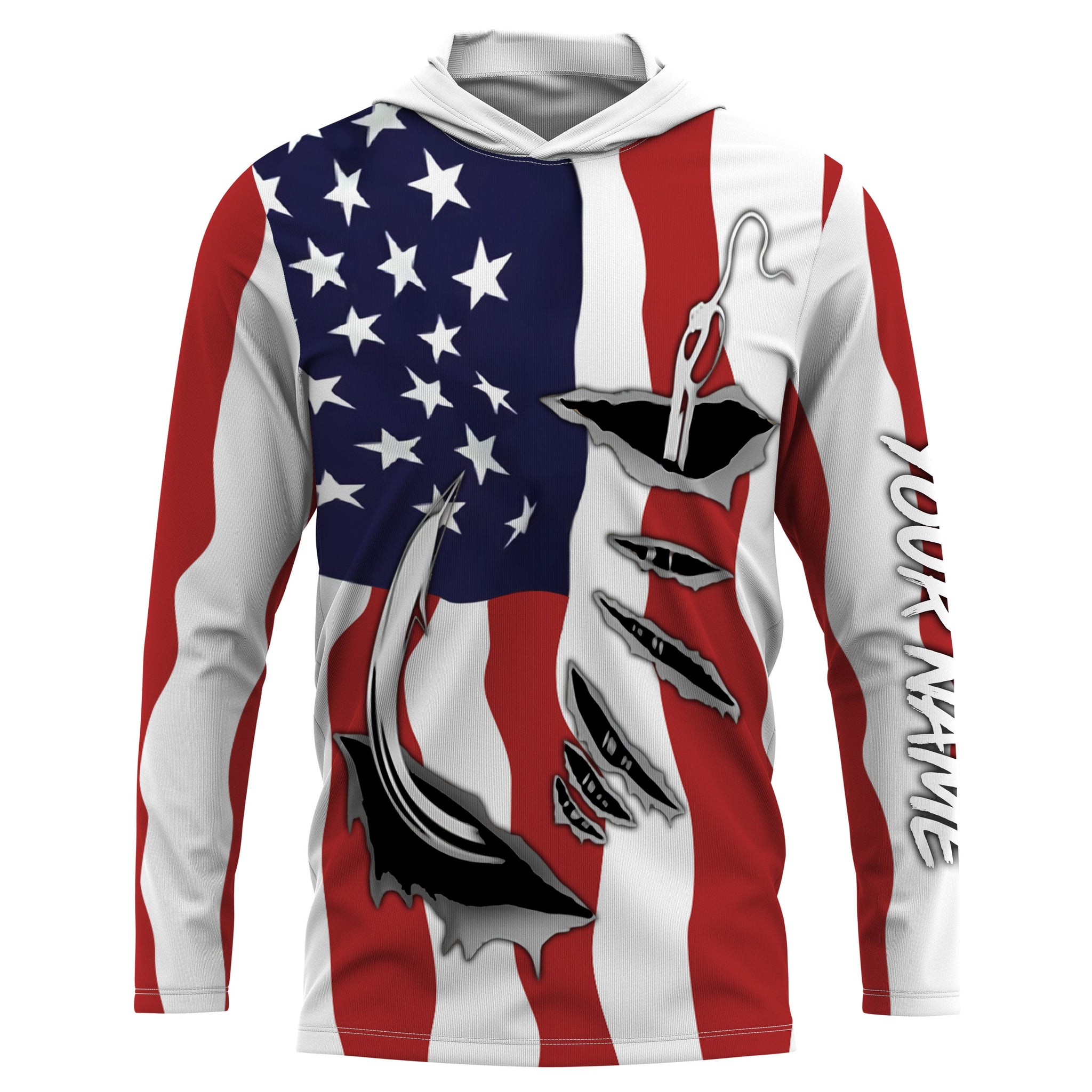 US Fishing Fish Hook American flag UV protection custom long sleeves Patriotic fishing apparel IPH1900