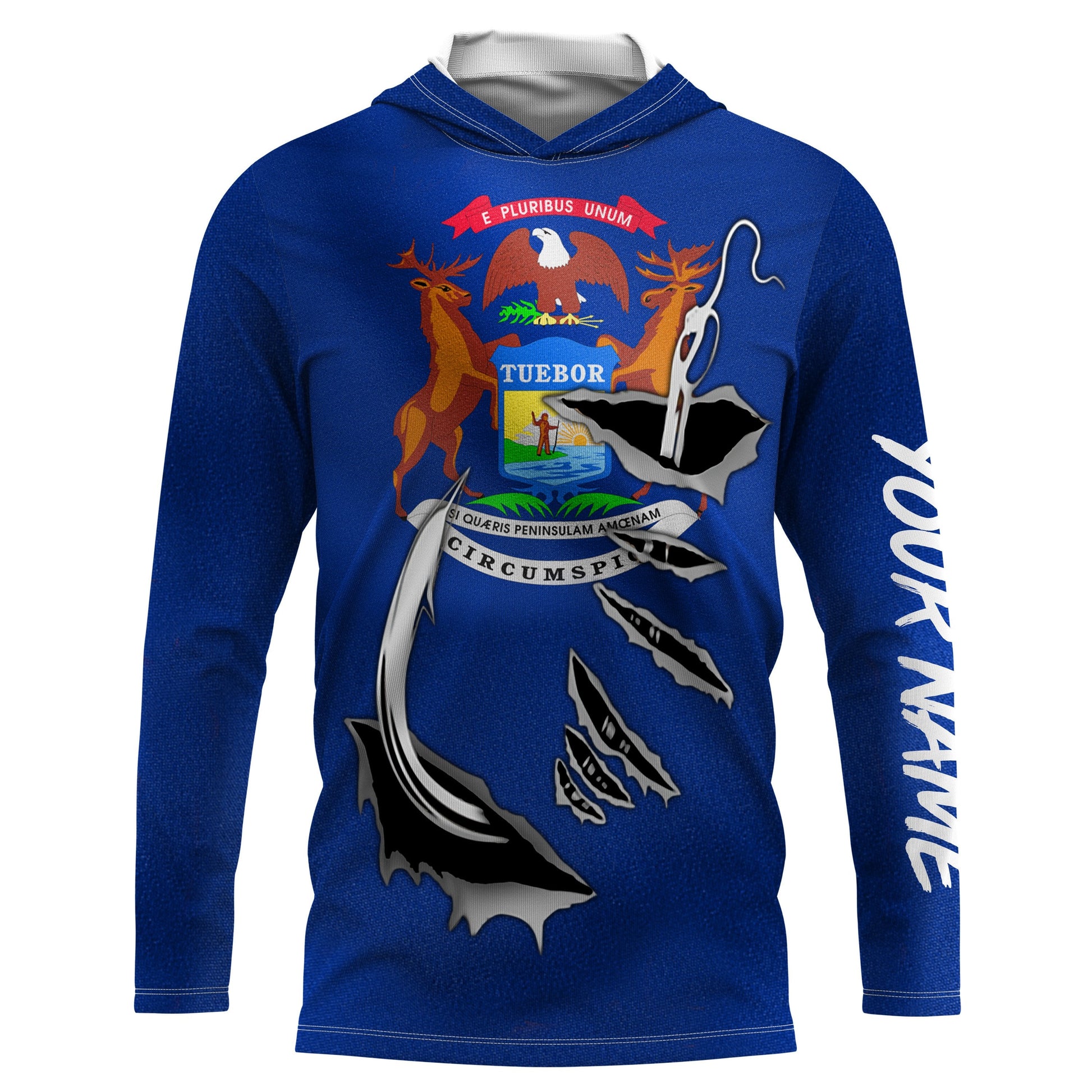 MI Michigan Flag Fishing 3D Fish Hook UV protection quick dry customize name long sleeves personalized Patriotic fishing apparel gift for Fishing lovers IPH1902