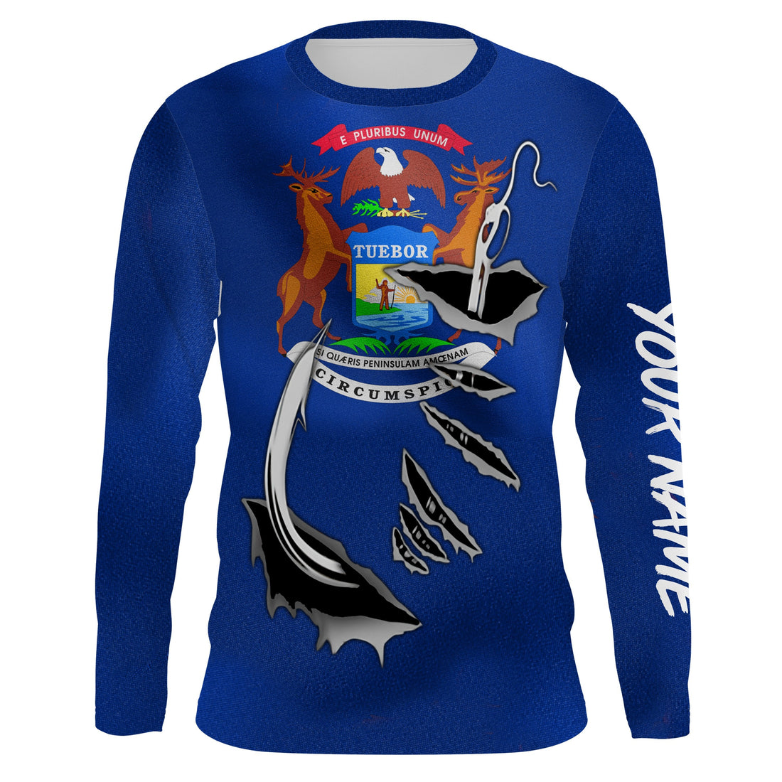 MI Michigan Flag Fishing 3D Fish Hook UV protection quick dry customize name long sleeves personalized Patriotic fishing apparel gift for Fishing lovers IPH1902