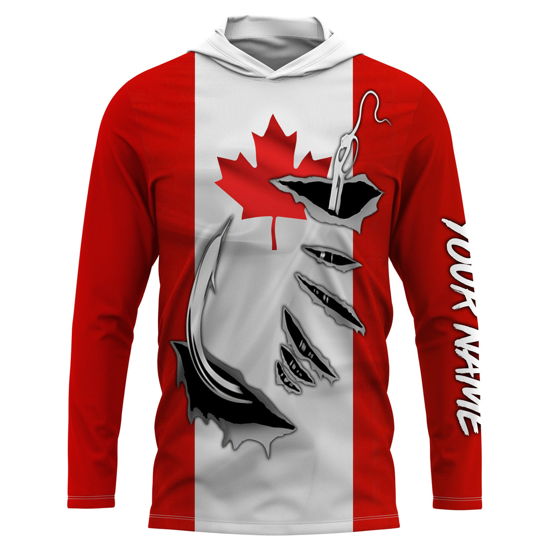 Canada Flag Fishing 3D Fish Hook UV protection quick dry customize name long sleeves personalized Patriotic fishing apparel gift for Fishing lovers IPH1903