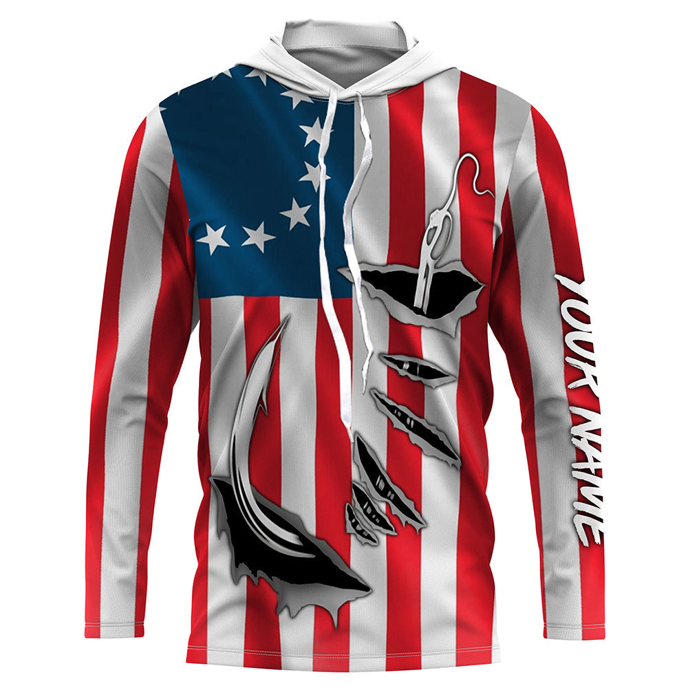 3D Fish Hook Old American Flag Custom Fishing, Patriotic Long Sleeve Fishing