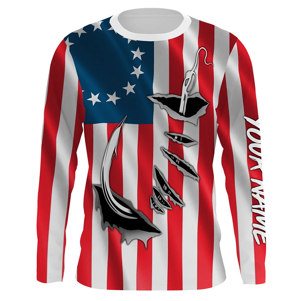 3D Fish Hook Old American Flag Custom Fishing, Patriotic Long Sleeve Fishing