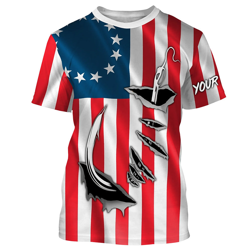 3D Fish Hook Old American Flag Custom Fishing, Patriotic Long Sleeve Fishing