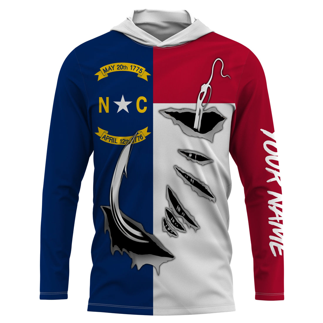 NC North Carolina Flag Fishing 3D Fish Hook UV protection quick dry customize name long sleeves personalized Patriotic fishing apparel gift for Fishing lovers IPH1905