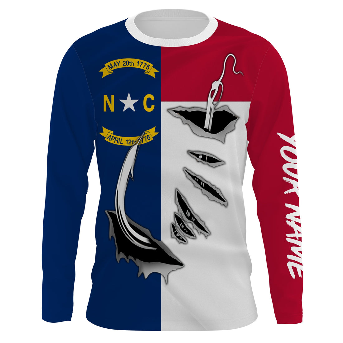 NC North Carolina Flag Fishing 3D Fish Hook UV protection quick dry customize name long sleeves personalized Patriotic fishing apparel gift for Fishing lovers IPH1905