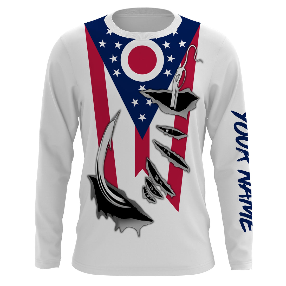 OH Ohio Flag Fishing 3D Fish Hook UV protection quick dry customize name long sleeves personalized Patriotic fishing apparel gift for Fishing lovers IPH1906