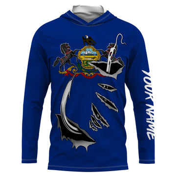 PA Pennsylvania Flag Fishing 3D Fish Hook UV protection quick dry customize name long sleeves personalized Patriotic fishing apparel gift for Fishing lovers IPH1907