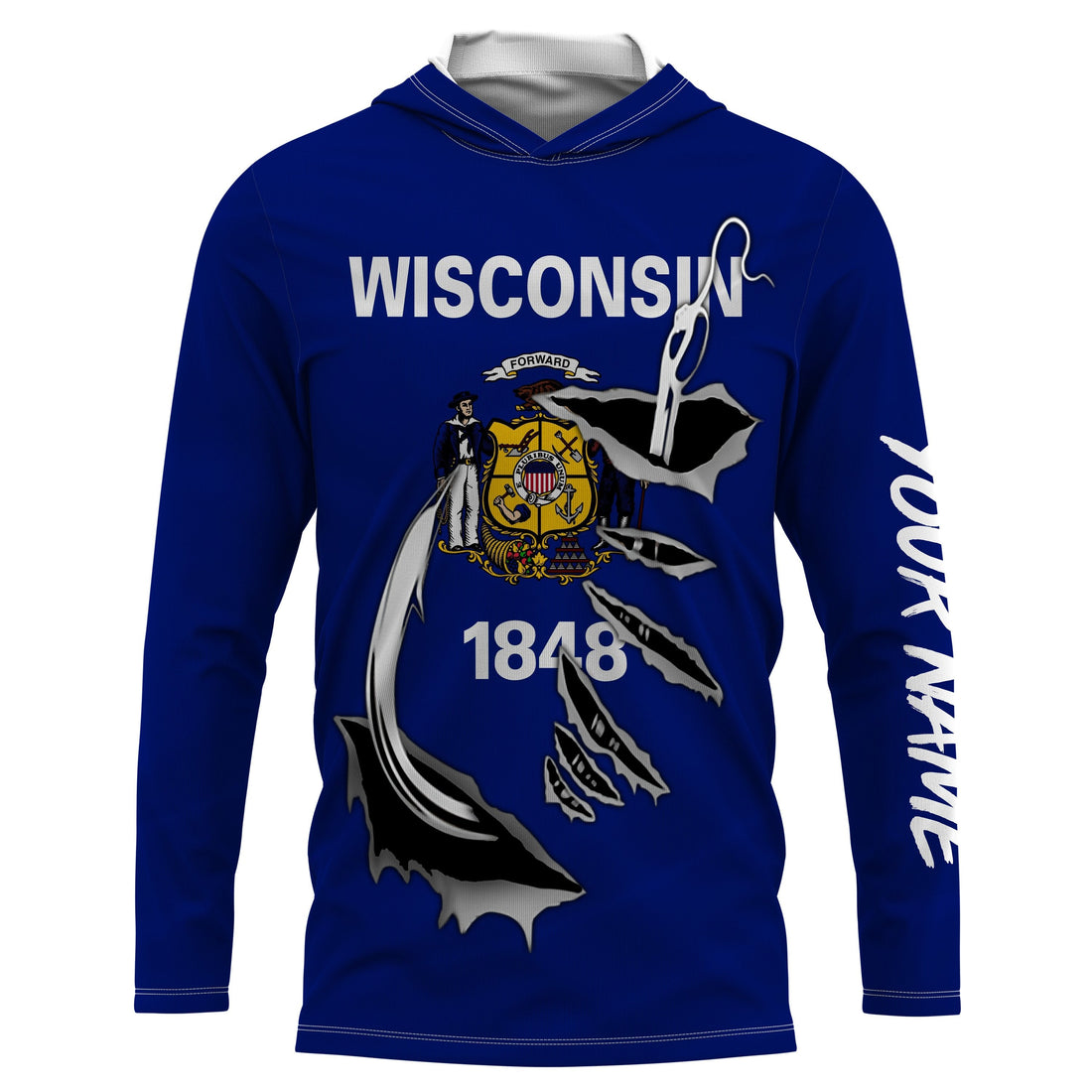 WI Wisconsin Flag Fishing 3D Fish Hook UV protection quick dry customize name long sleeves personalized Patriotic fishing apparel gift for Fishing lovers IPH1912