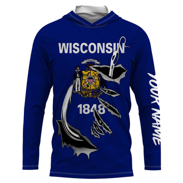 WI Wisconsin Flag Fishing 3D Fish Hook UV protection quick dry customize name long sleeves personalized Patriotic fishing apparel gift for Fishing lovers IPH1912
