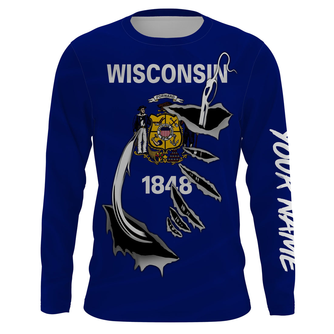 WI Wisconsin Flag Fishing 3D Fish Hook UV protection quick dry customize name long sleeves personalized Patriotic fishing apparel gift for Fishing lovers IPH1912