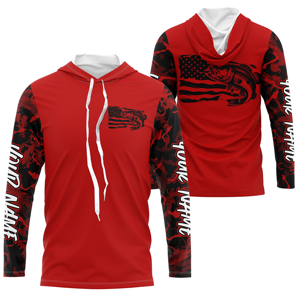 Red Camo US Flag Largemouth Bass Custom Patrotic Fishing T-Shirts, Bass Fishing