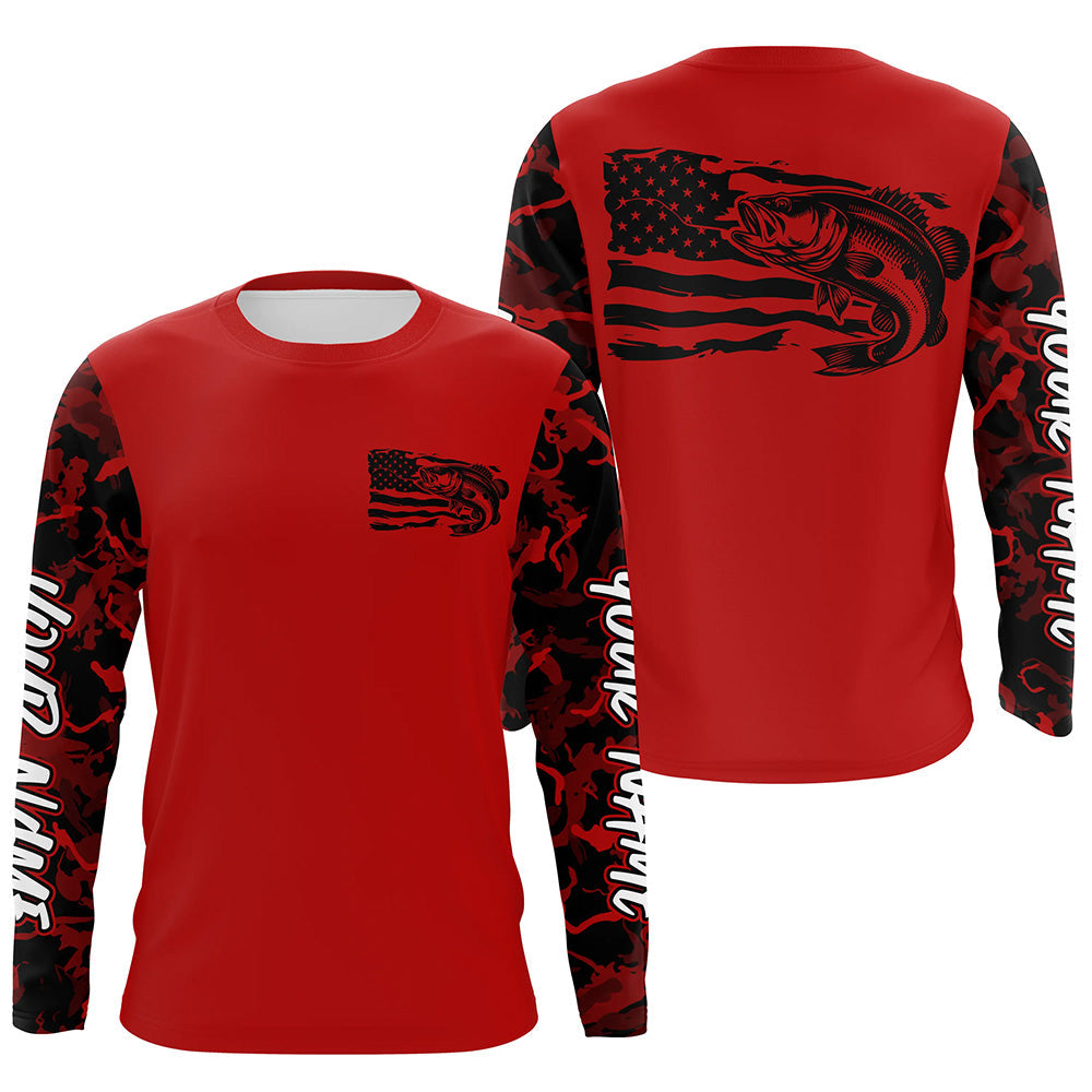 Red Camo US Flag Largemouth Bass Custom Patrotic Fishing T-Shirts, Bass Fishing