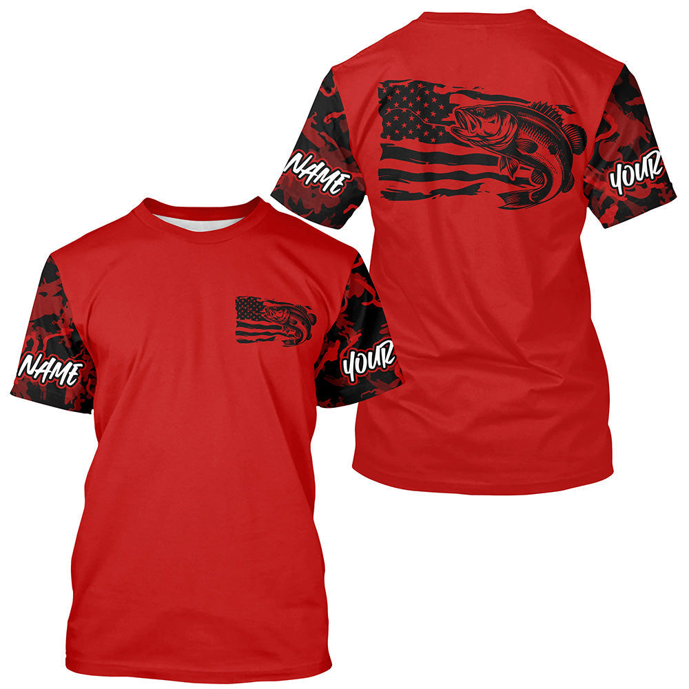 Red Camo US Flag Largemouth Bass Custom Patrotic Fishing T-Shirts, Bass Fishing