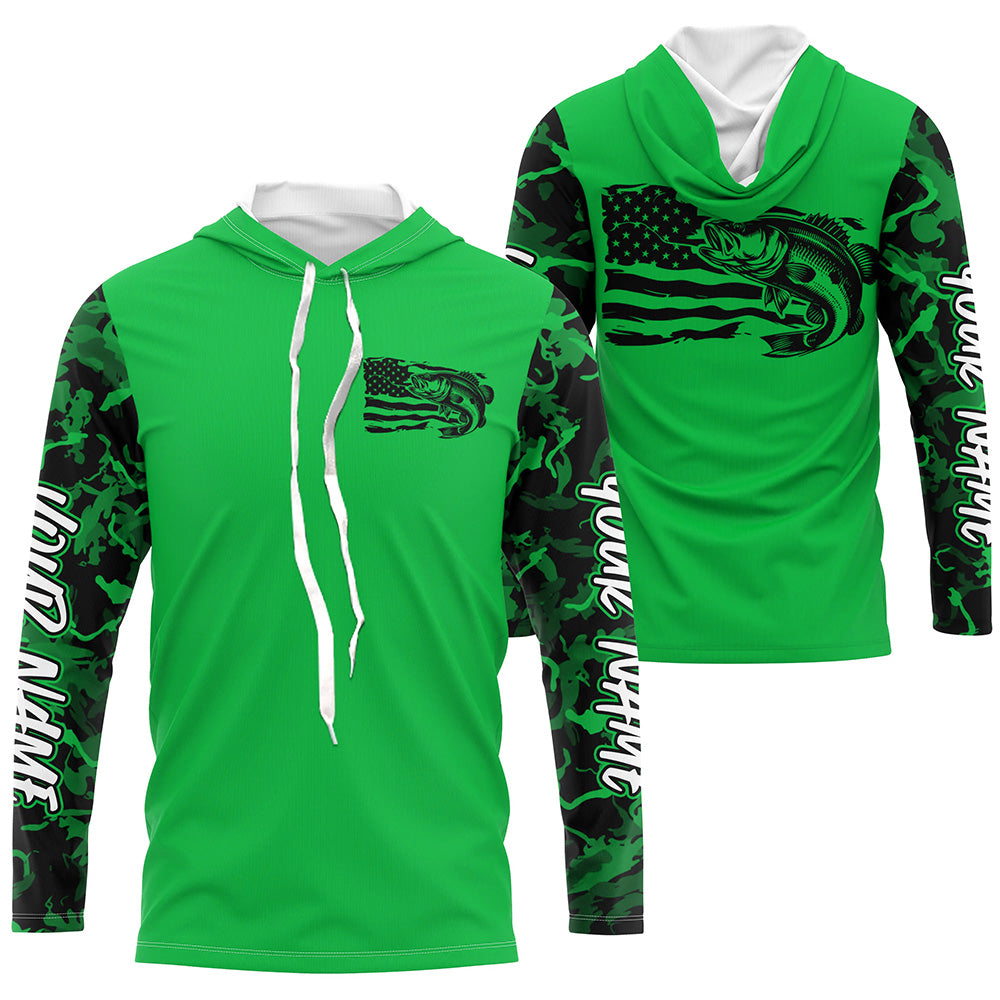Green Camo US Flag Largemouth Bass Custom Patrotic Fishing T-Shirts, Bass Fishing
