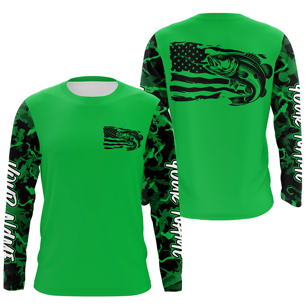 Green Camo US Flag Largemouth Bass Custom Patrotic Fishing T-Shirts, Bass Fishing