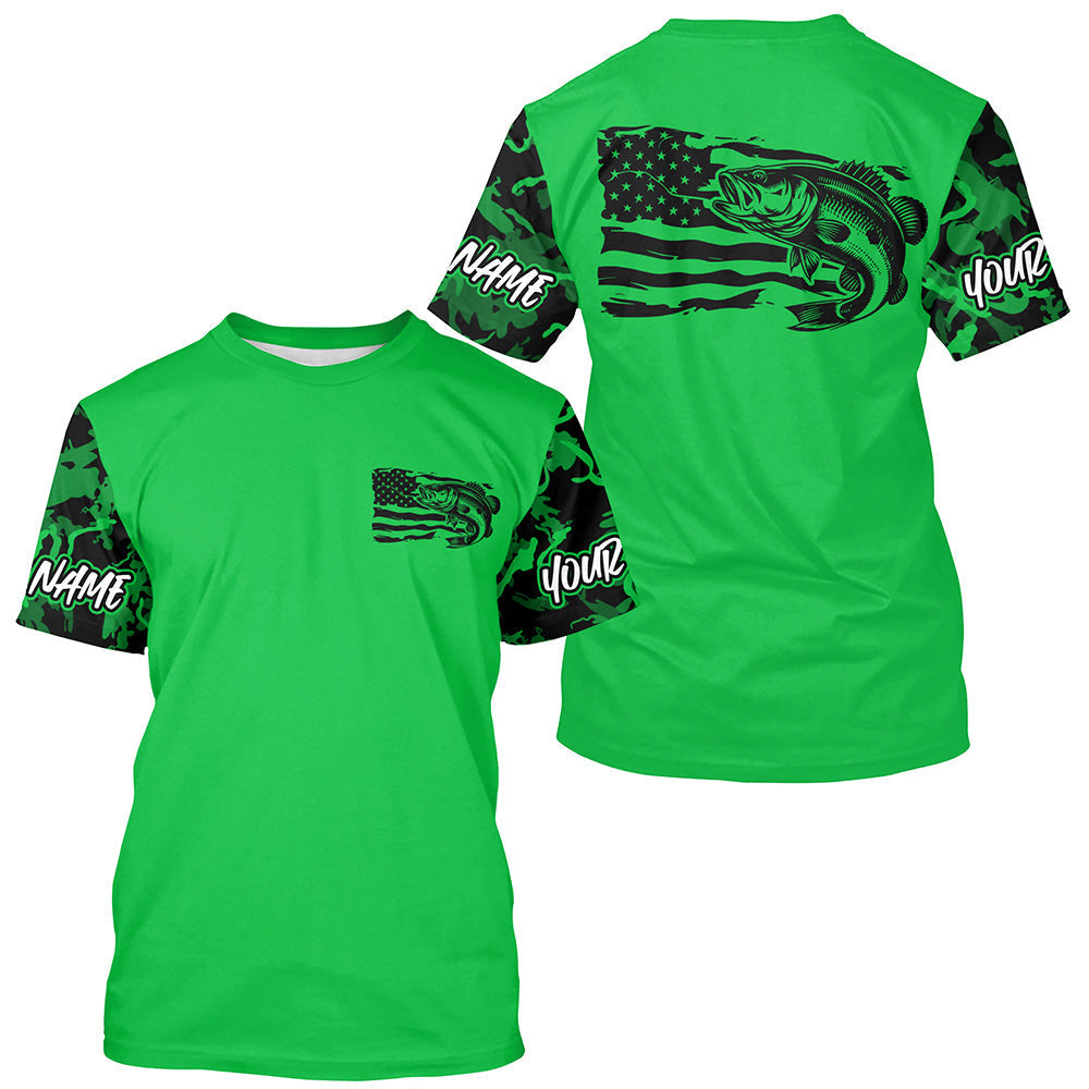 Green Camo US Flag Largemouth Bass Custom Patrotic Fishing T-Shirts, Bass Fishing