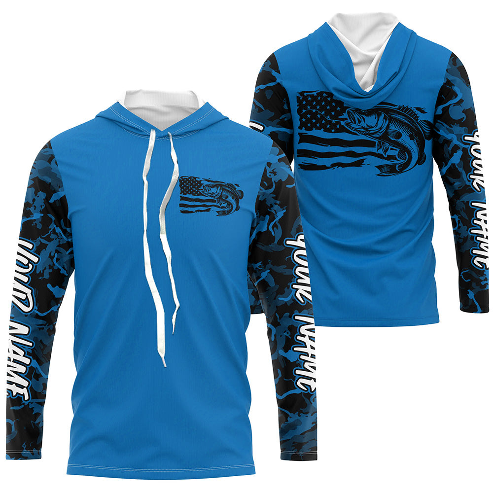 Blue Camo US Flag Largemouth Bass Custom Patrotic Fishing T-Shirts, Bass Fishing