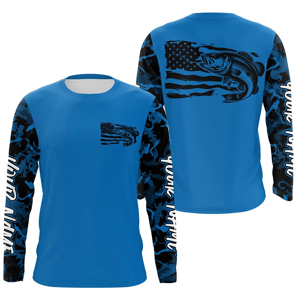 Blue Camo US Flag Largemouth Bass Custom Patrotic Fishing T-Shirts, Bass Fishing