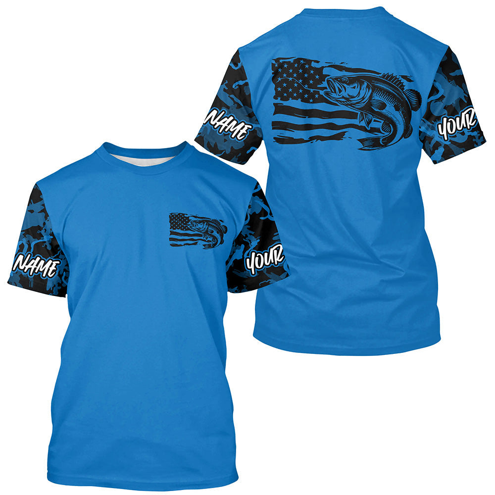 Blue Camo US Flag Largemouth Bass Custom Patrotic Fishing T-Shirts, Bass Fishing