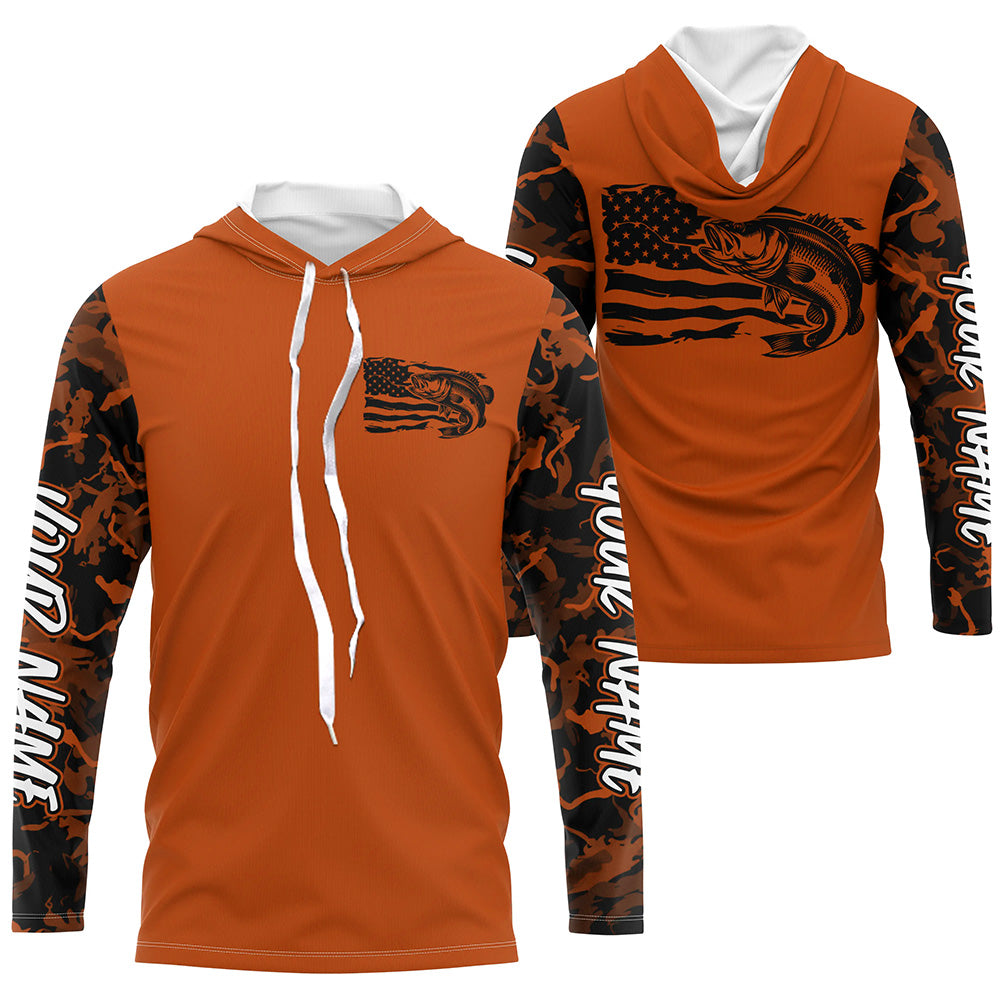 Orange Camo US Flag Largemouth Bass Custom Patrotic Fishing T-Shirts, Bass Fishing