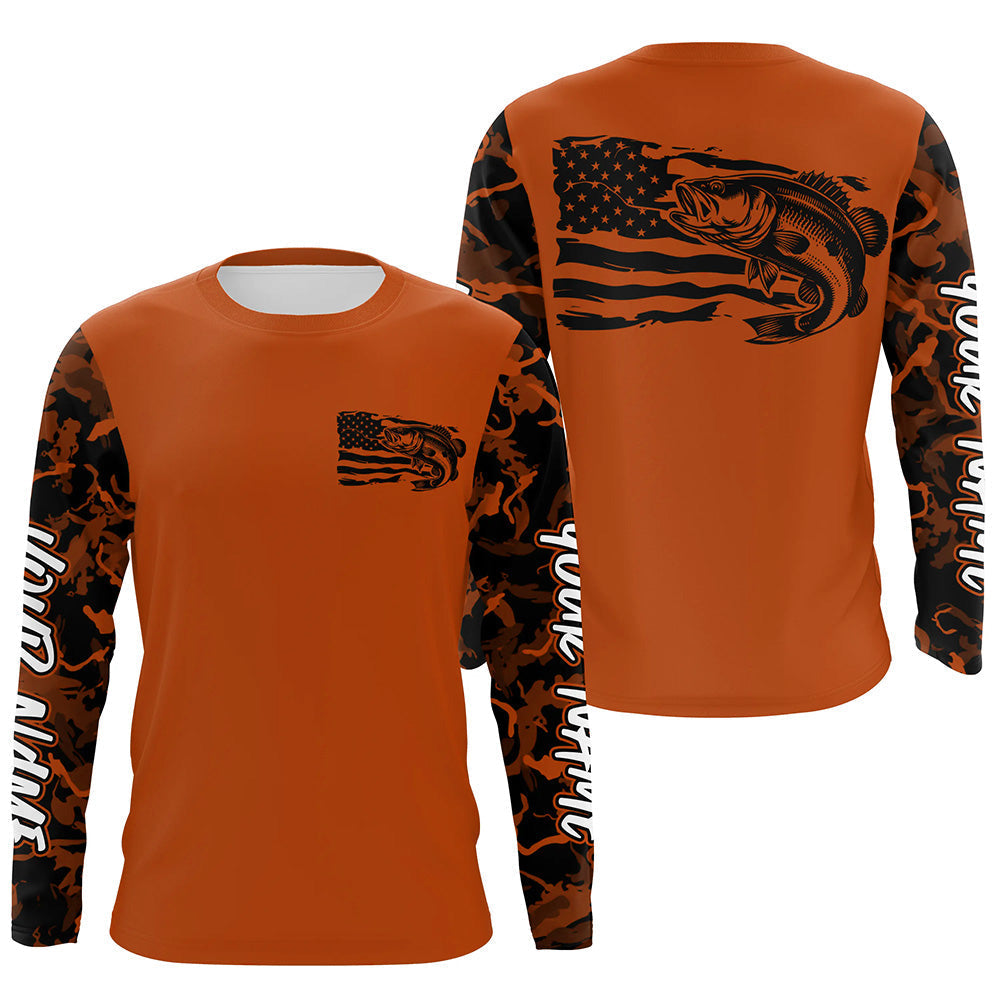 Orange Camo US Flag Largemouth Bass Custom Patrotic Fishing T-Shirts, Bass Fishing