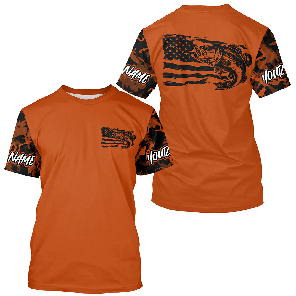 Orange Camo US Flag Largemouth Bass Custom Patrotic Fishing T-Shirts, Bass Fishing