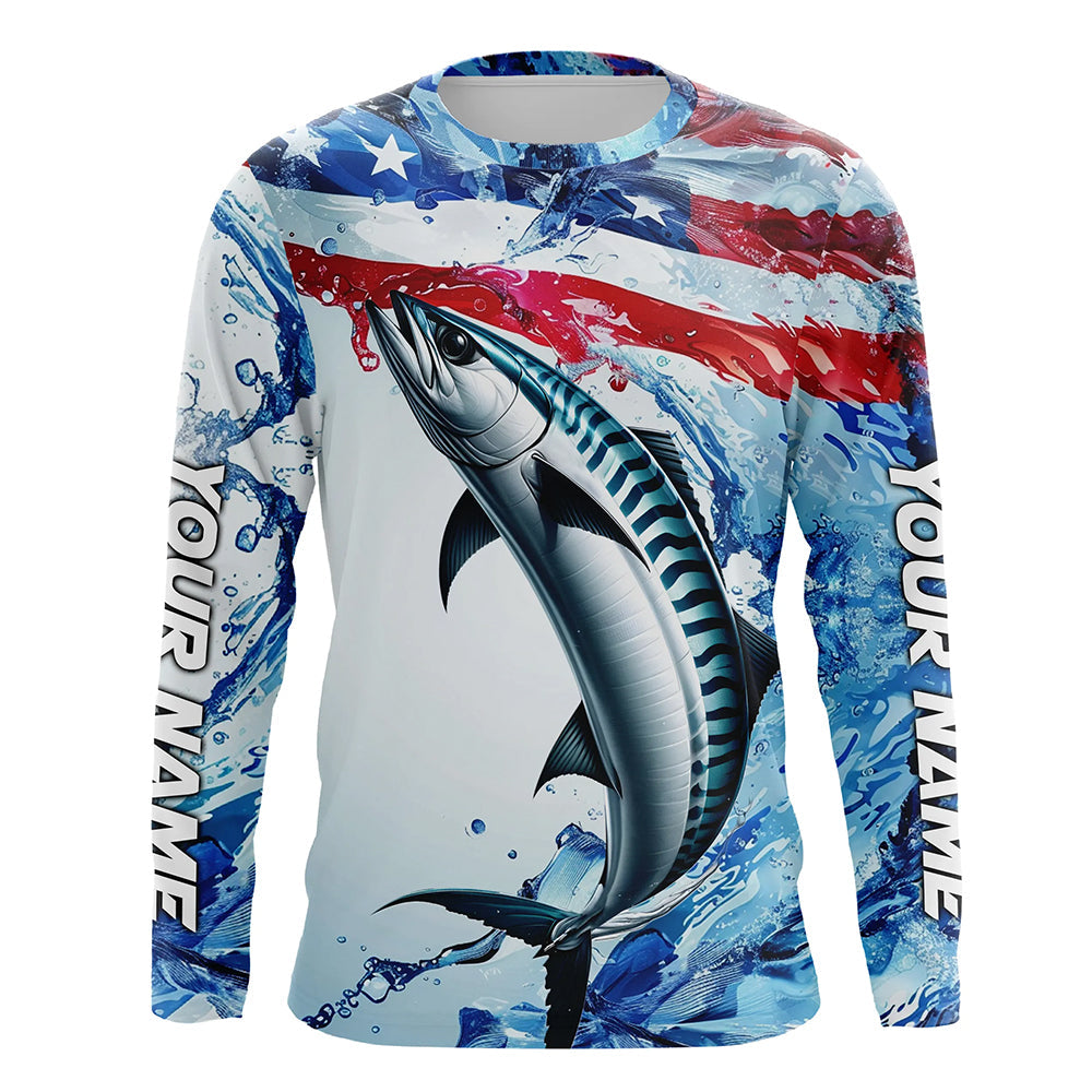 Custom Water American Flag King Mackerel Long Sleeve Fishing, Kingfish Team Fishing