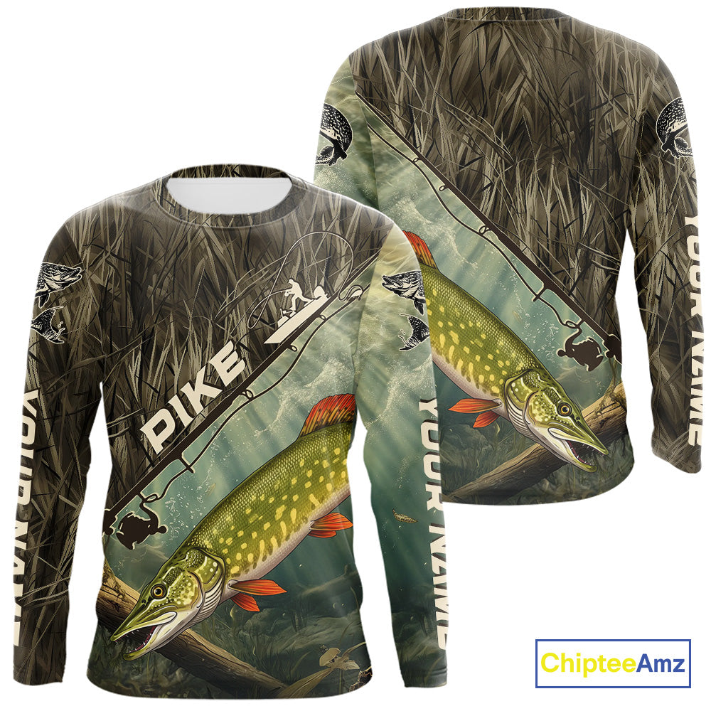 Grass Camo Custom Pike Fishing Tournament UV Protection Fishing T-Shirts