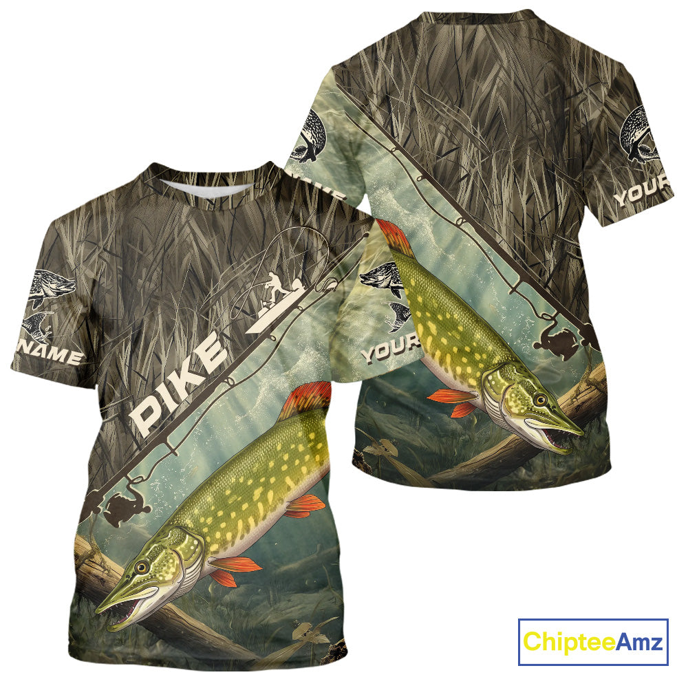 Grass Camo Custom Pike Fishing Tournament UV Protection Fishing T-Shirts
