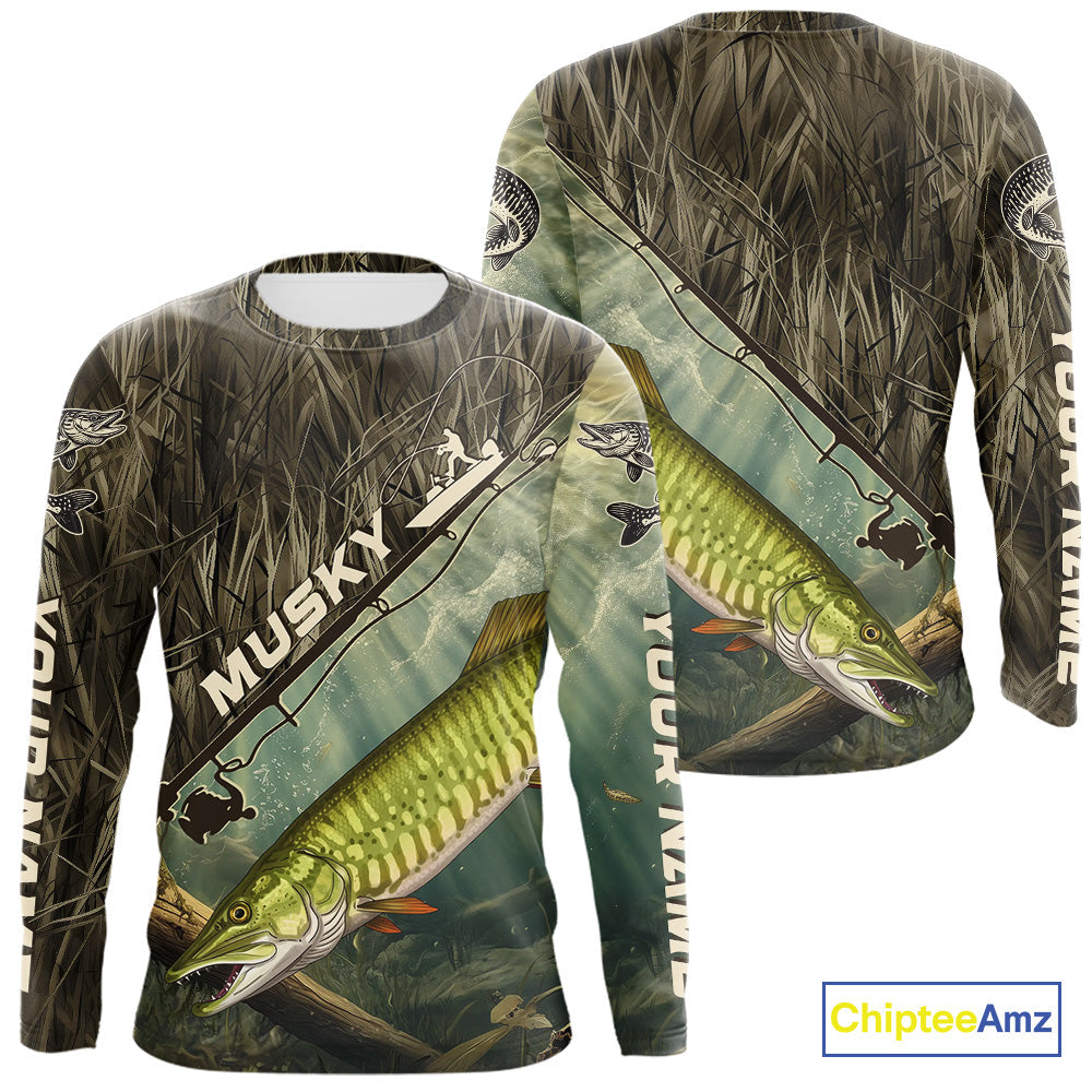 Grass Camo Custom Musky Fishing Tournament UV Protection Fishing T-Shirts