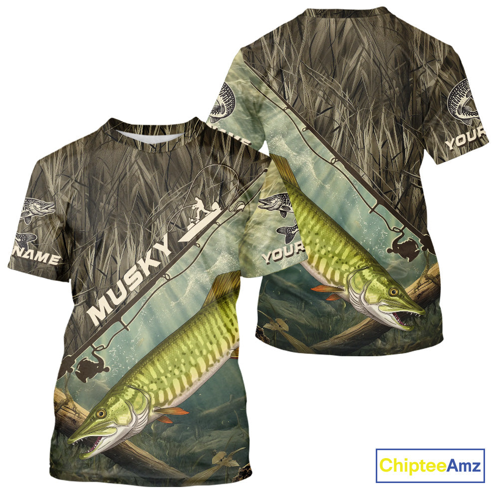 Grass Camo Custom Musky Fishing Tournament UV Protection Fishing T-Shirts