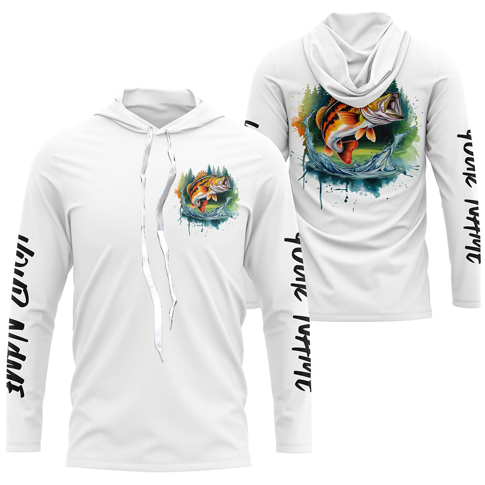 Watercolor Largemouth Bass Fishing Custom Long Sleeve Fishing, Bass Tournament Fishing