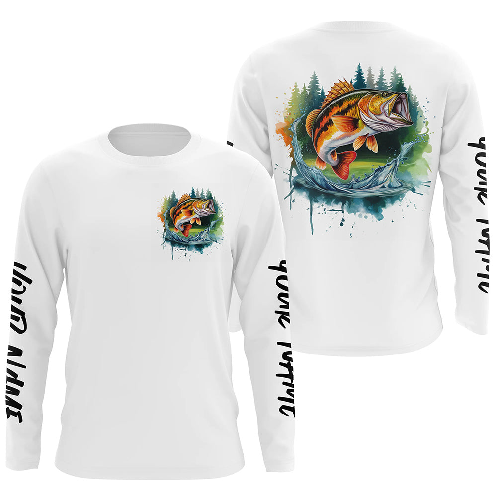 Watercolor Largemouth Bass Fishing Custom Long Sleeve Fishing, Bass Tournament Fishing