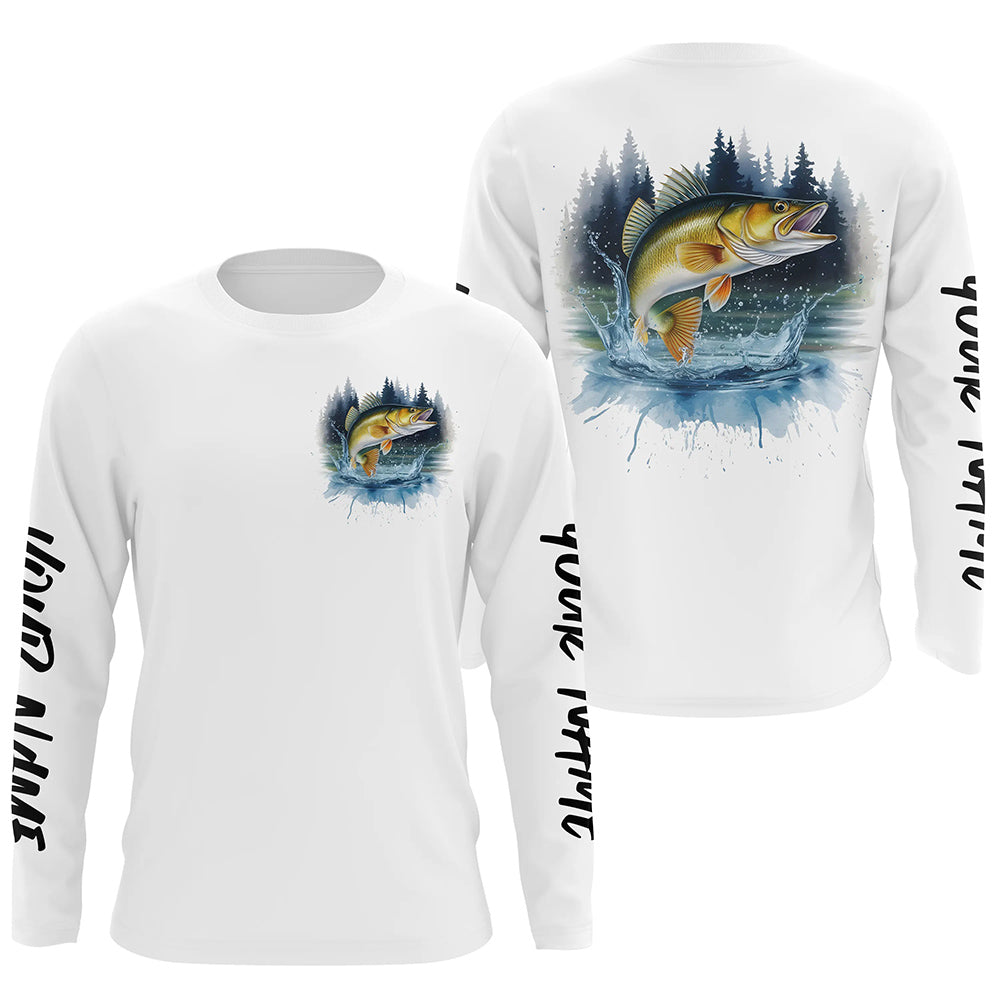 Watercolor Walleye Fishing Custom Long Sleeve Fishing, Walleye Tournament Fishing