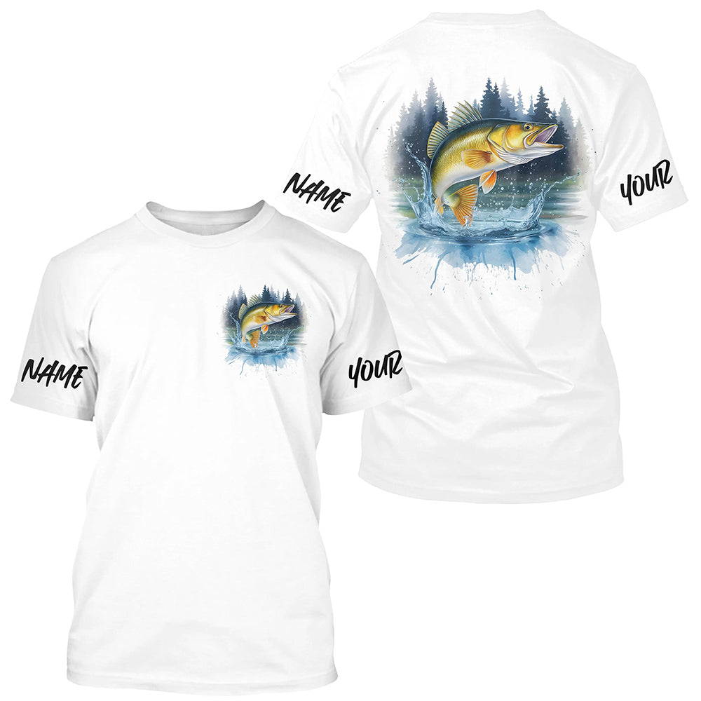 Watercolor Walleye Fishing Custom Long Sleeve Fishing, Walleye Tournament Fishing
