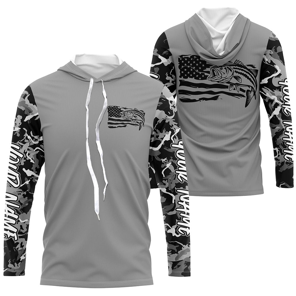 Gray Camo Us Flag Striped Bass Custom Patrotic Long Sleeve Fishing, Striper Fishing