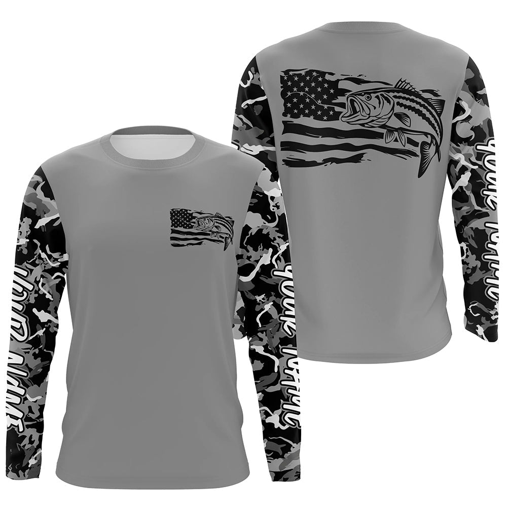 Gray Camo Us Flag Striped Bass Custom Patrotic Long Sleeve Fishing, Striper Fishing