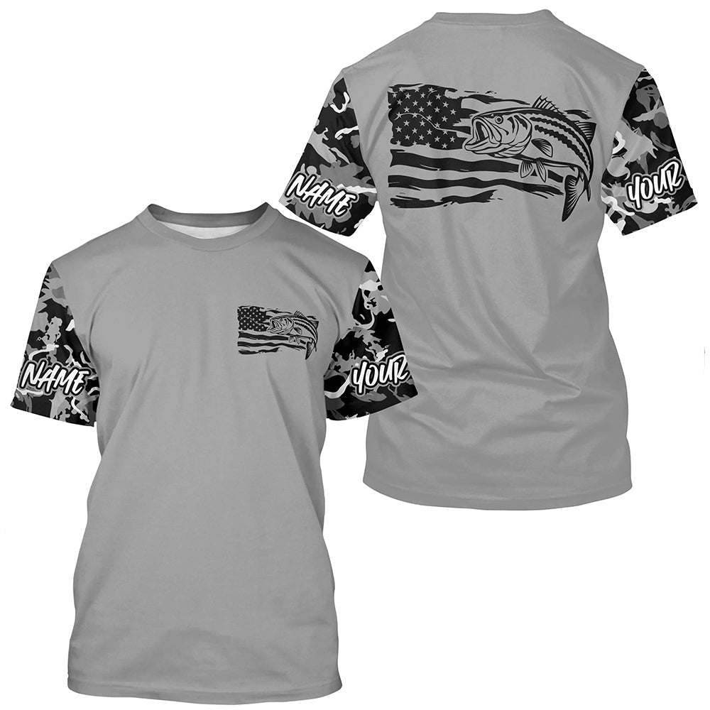 Gray Camo Us Flag Striped Bass Custom Patrotic Long Sleeve Fishing, Striper Fishing